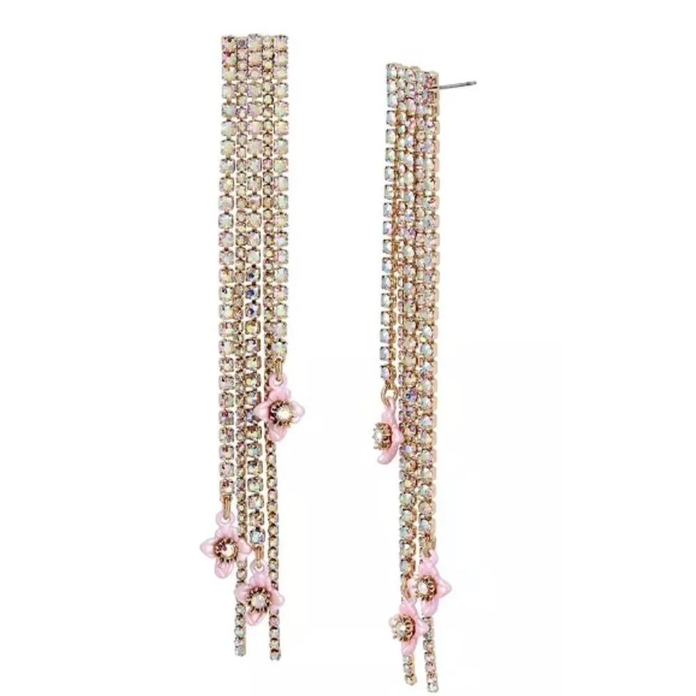 Betsey Johnson floral stone linear fringe earrings NWT - Picture 1 of 8